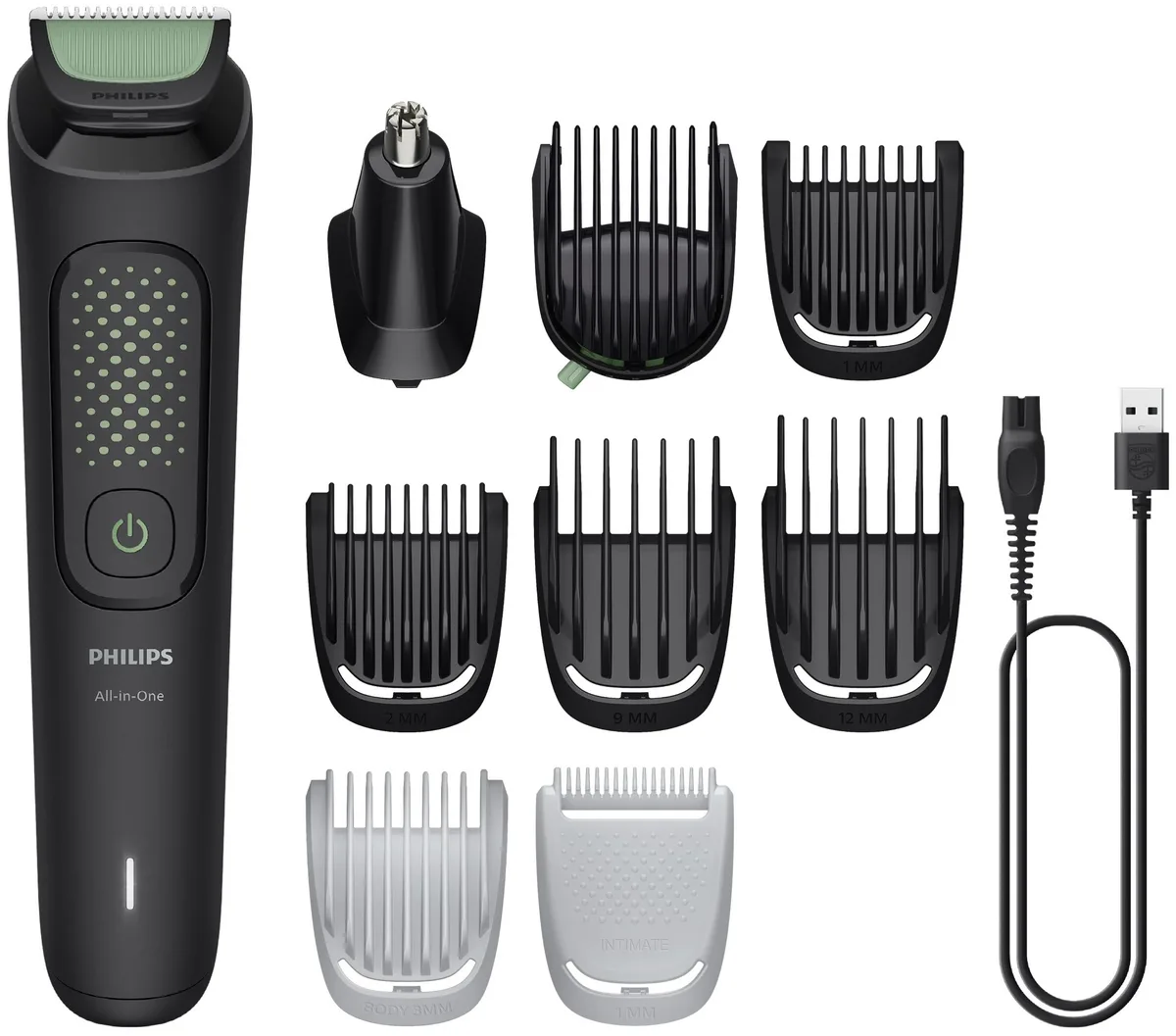 Тример Philips Універсальний 3000 Серії для обличчя, голови та тіла, акумуляторний, 9 насадок, сталь, чорний.