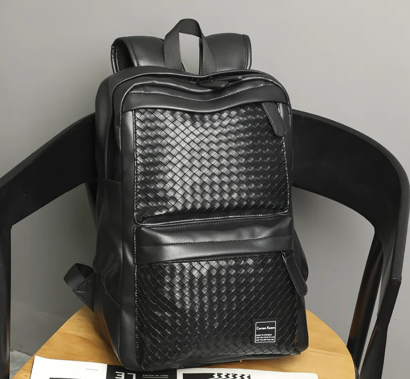 Мужской рюкзак городской экокожа 38х50 см черный плетеный