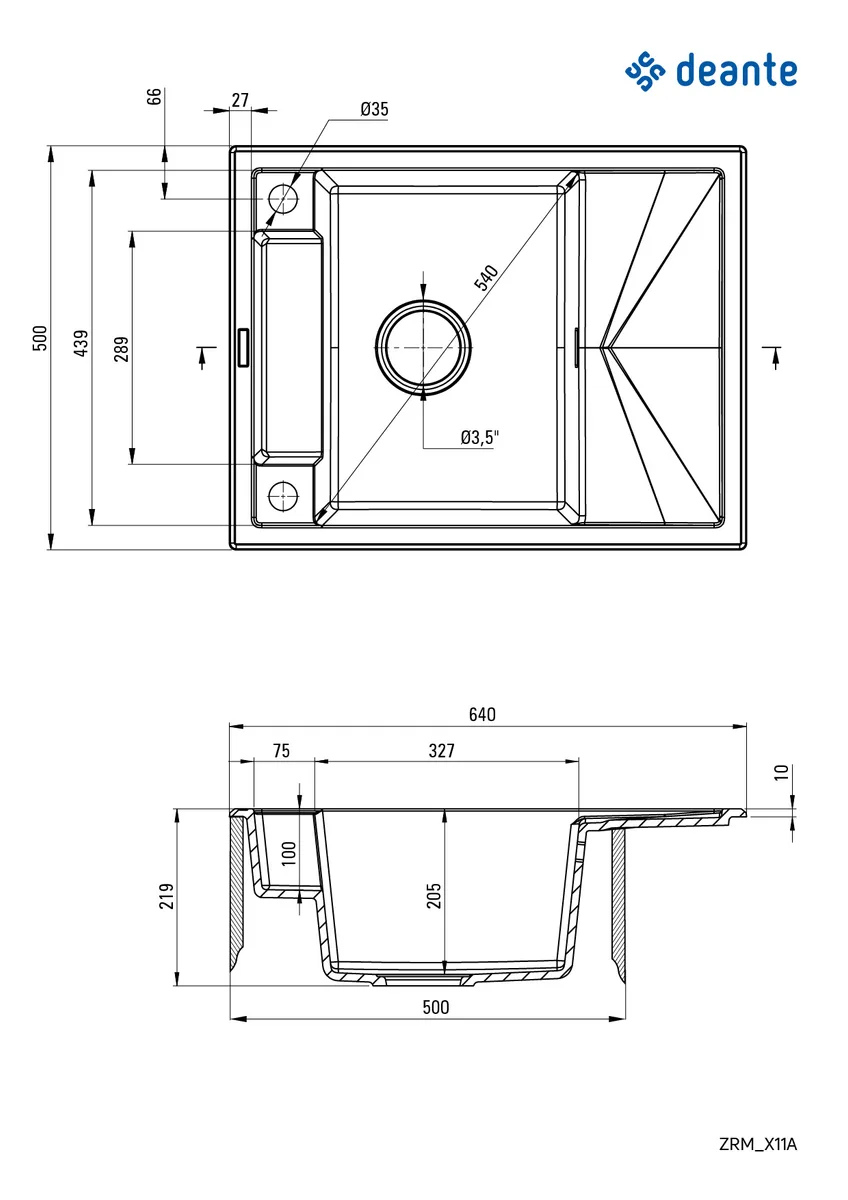 Кухонна мийка Deante Magnetic, гранітна, прямокутна, з крилом, 640х500х219мм, однокамерна, врізна, сірого кольору.