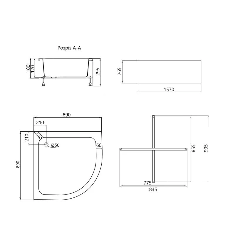 Душовий піддон напівкруглий Lidz KAPIELKA ST90x90x26 акриловий 90x90 см білий