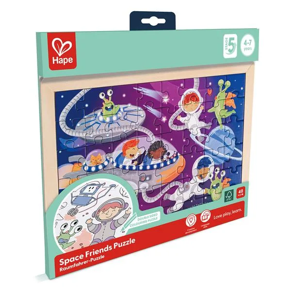 Пазл Hape картонний 30х26 см космічні прибульці з розмальовкою