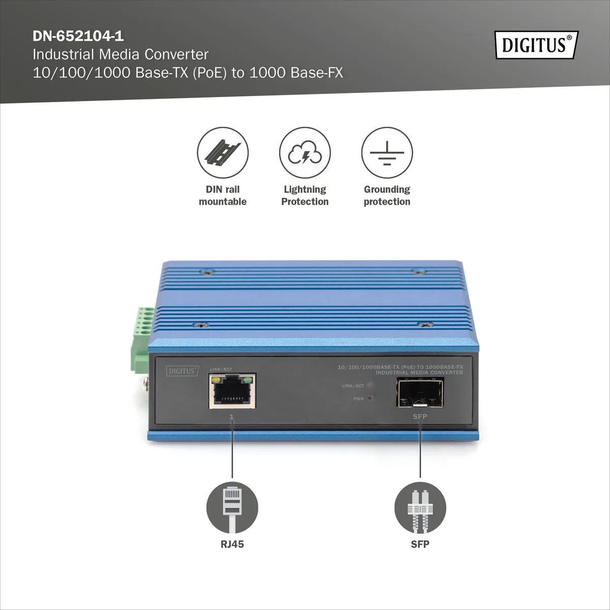 Медиаконвертер DIGITUS Industrial Gigabit PoE+ PSE, RJ45, SFP