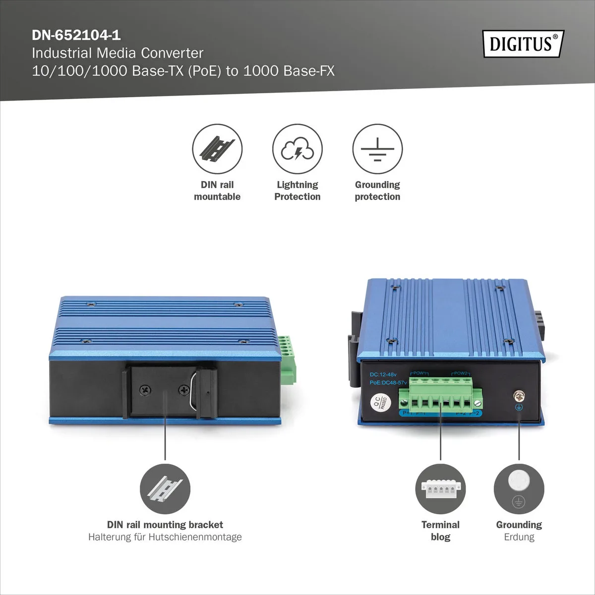 Медиаконвертер DIGITUS Industrial Gigabit PoE+ PSE, RJ45, SFP