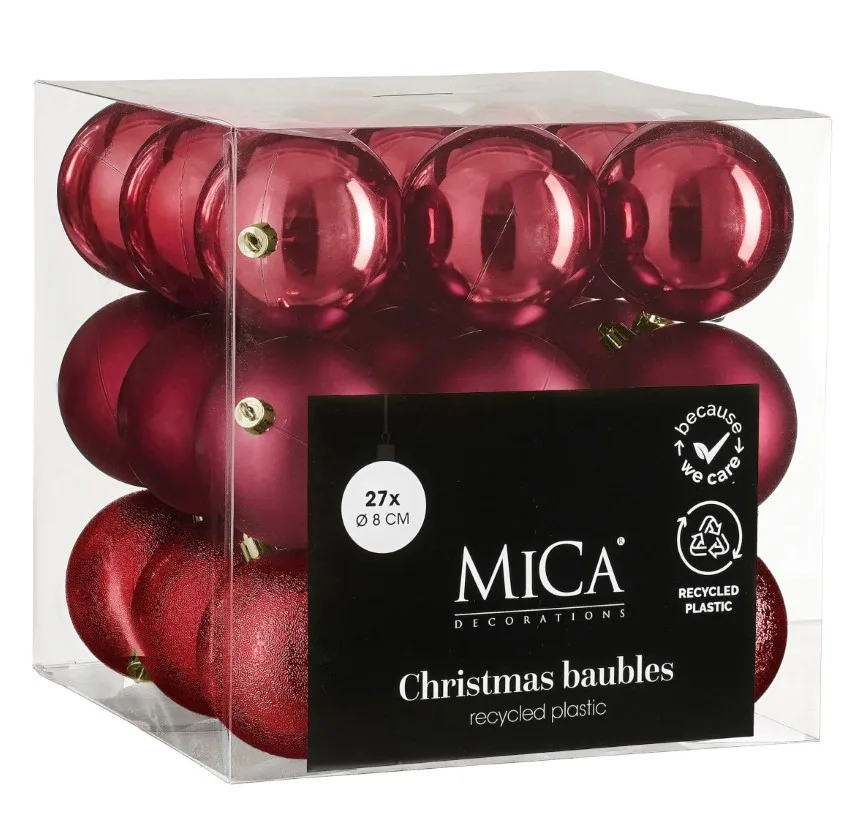Елочные пластиковые шары Mica Decorations 27 шт 8 см вишневые