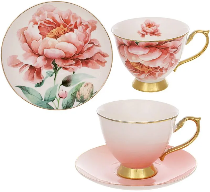 Чайно-кофейний набір Яскравий Настрій Pink Peony 6 чашок 200 мл і 6 блюдець