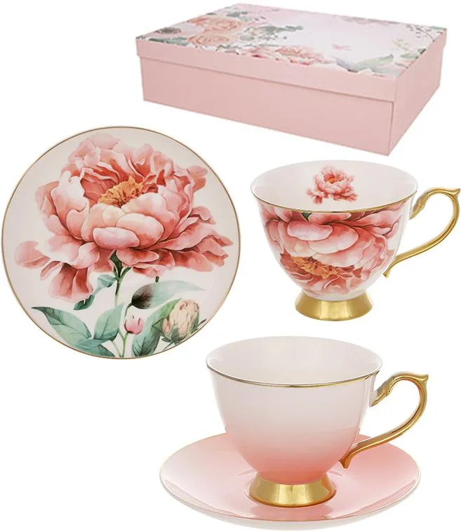 Чайно-кофейний набір Яскравий Настрій Pink Peony 6 чашок 200 мл і 6 блюдець