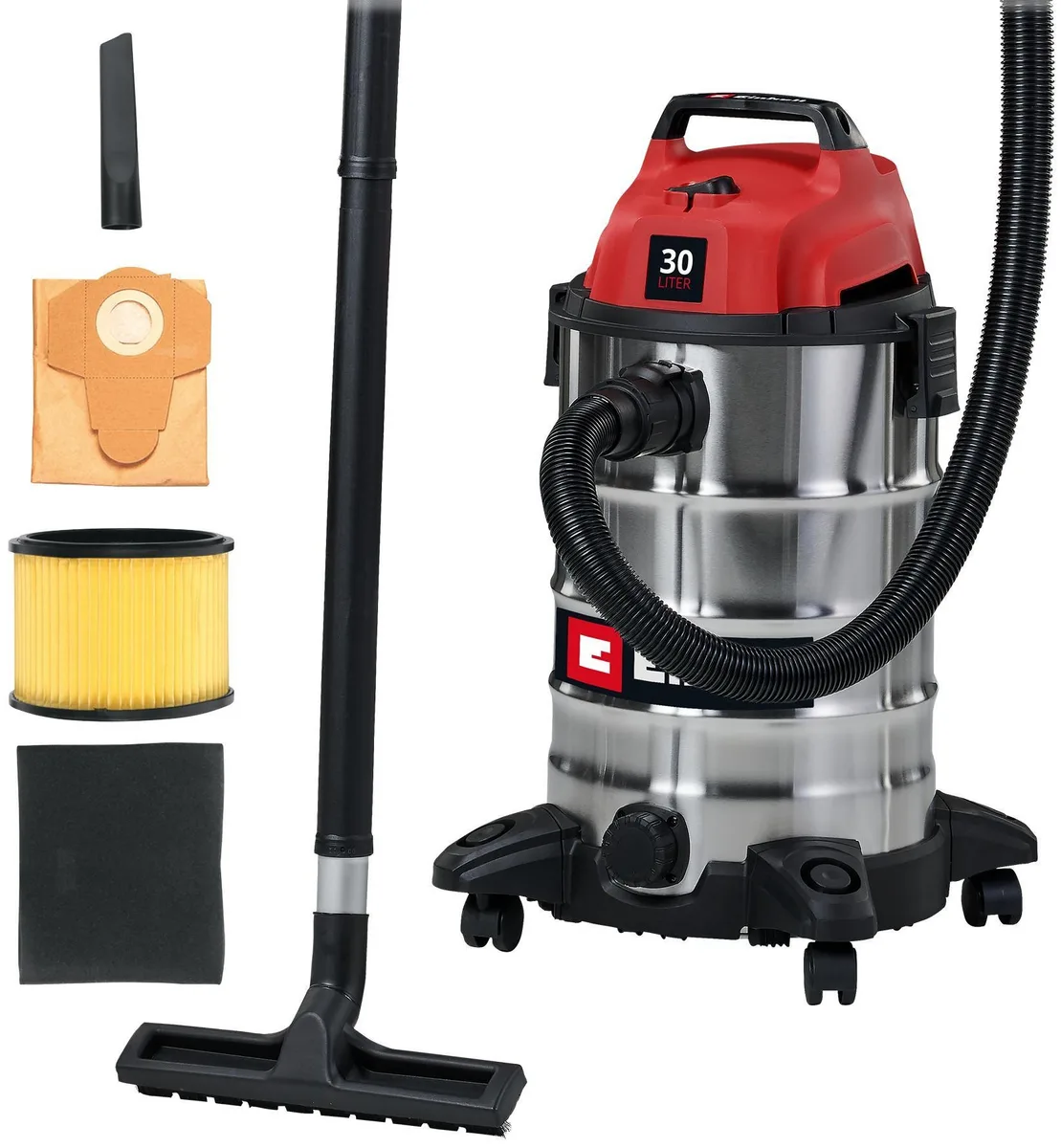 Професійний пилосос Einhell TC-VC 3055 S, потужність 950 Вт, вакуумне зусилля 190 мБар, об'єм бака 30 л, вага 4.8 кг.