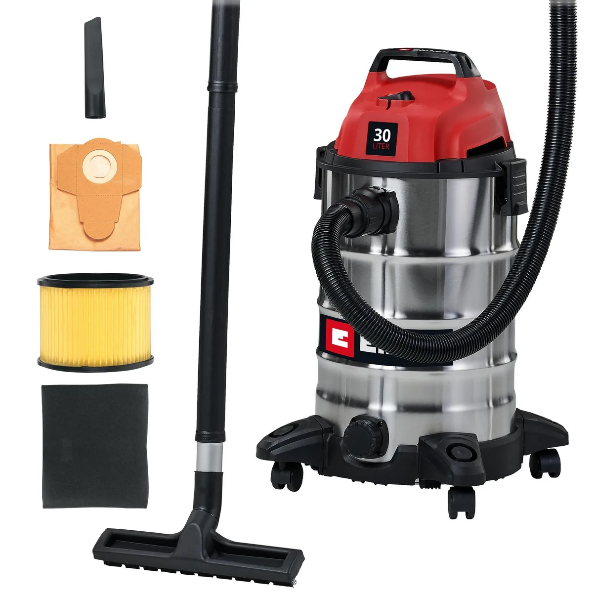 Професійний пилосос Einhell TC-VC 3055 S, потужність 950 Вт, вакуумне зусилля 190 мБар, об'єм бака 30 л, вага 4.8 кг.