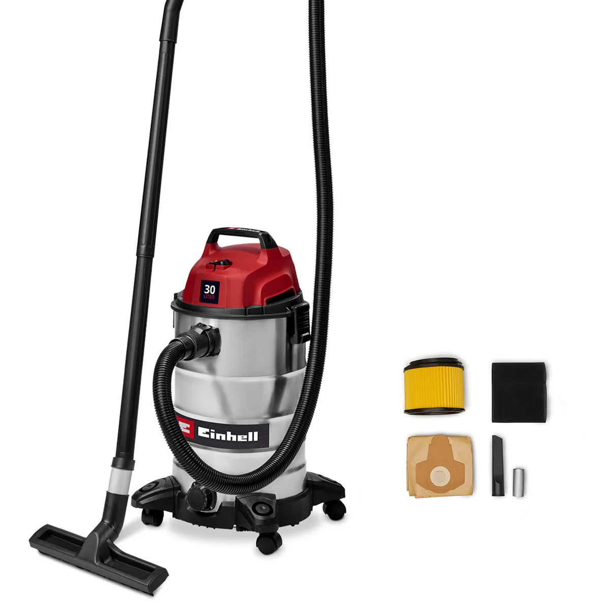 Професійний пилосос Einhell TC-VC 3055 S, потужність 950 Вт, вакуумне зусилля 190 мБар, об'єм бака 30 л, вага 4.8 кг.