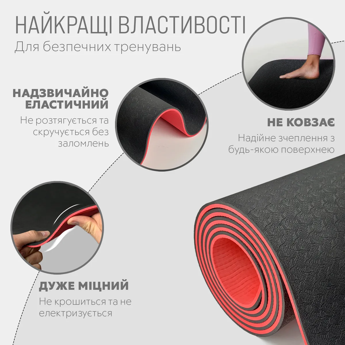Коврик для йоги та фітнесу EasyFit TPE 183х61 см Чорний з червоним