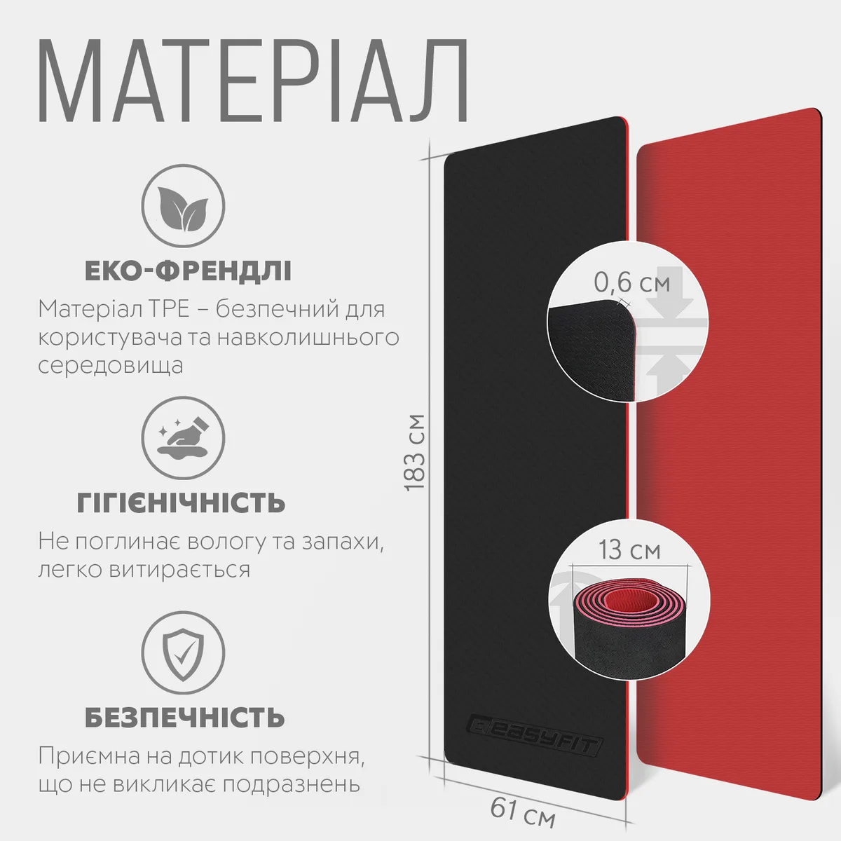 Коврик для йоги та фітнесу EasyFit TPE 183х61 см Чорний з червоним