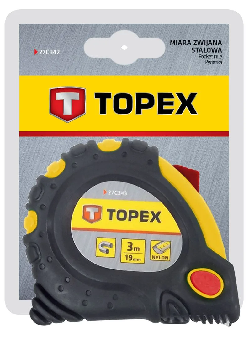 Рулетка TOPEX, 10м х 32мм, з механізмом фіксації, магнітним кріпленням.