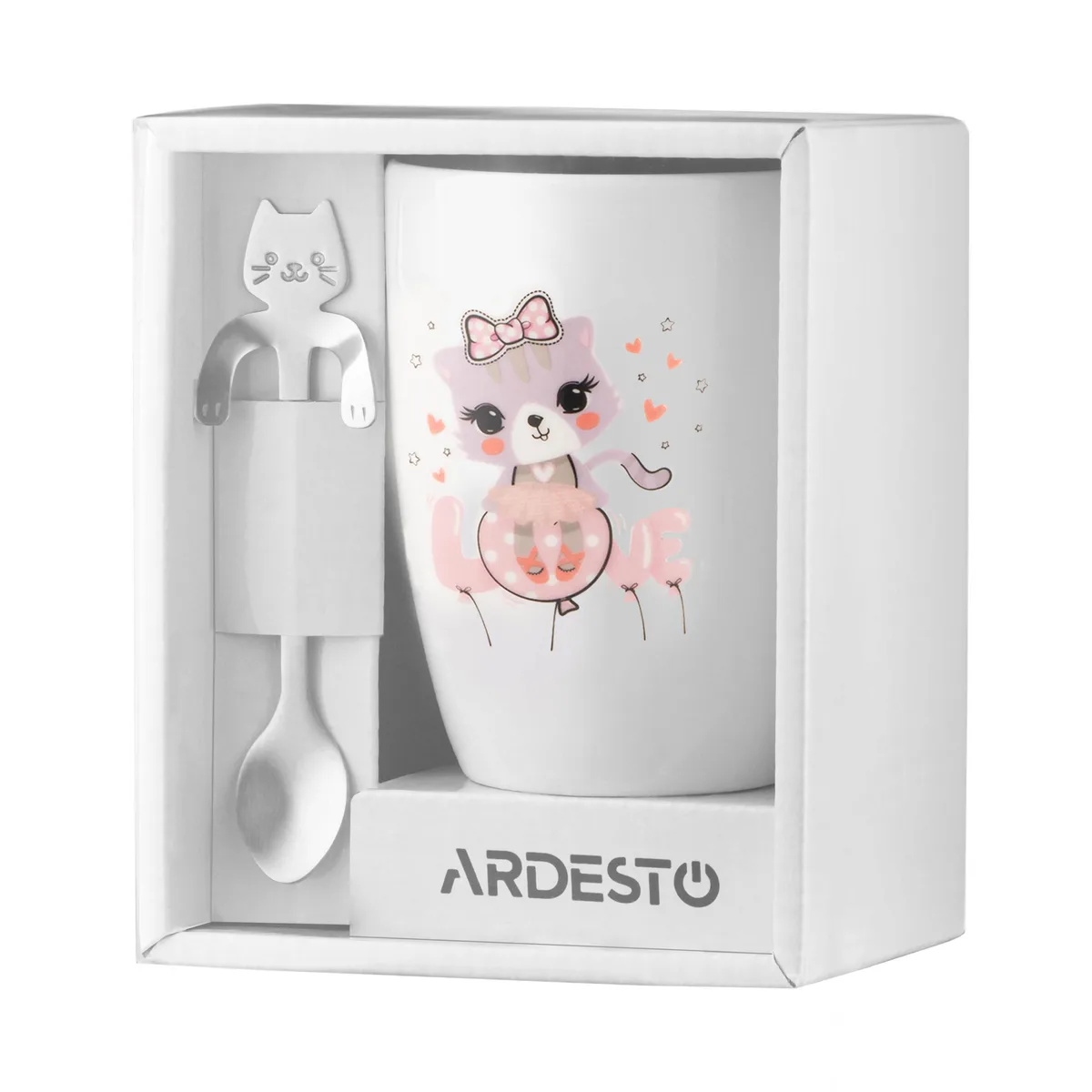 Чашка с ложкой ARDESTO "Любовь", 320 мл, фарфор, нержавеющая сталь, белая