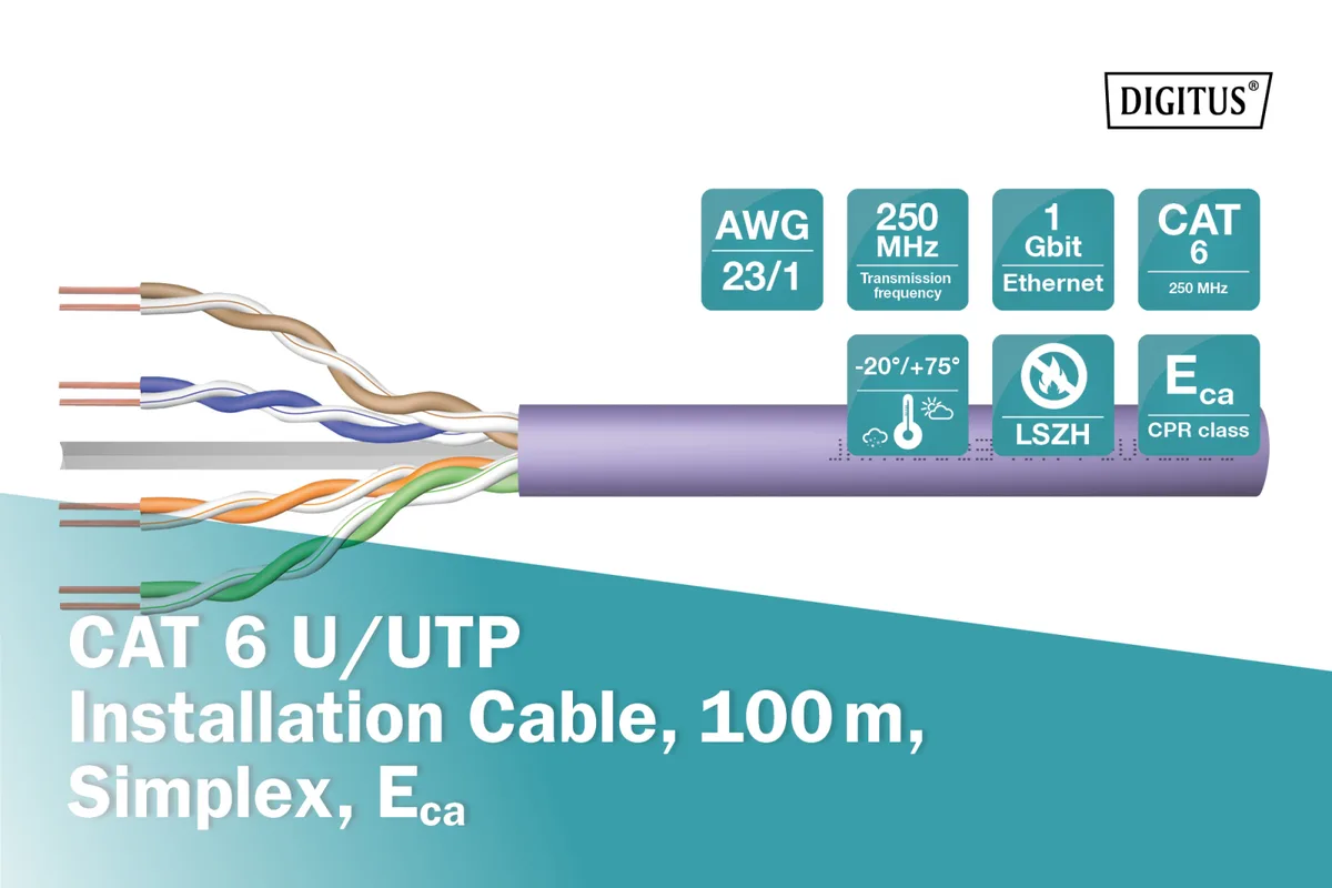 Кабель "вита пара" DIGITUS CAT 6 U-UTP, 100м, AWG 23/1, LSZH-1, фіолетовий