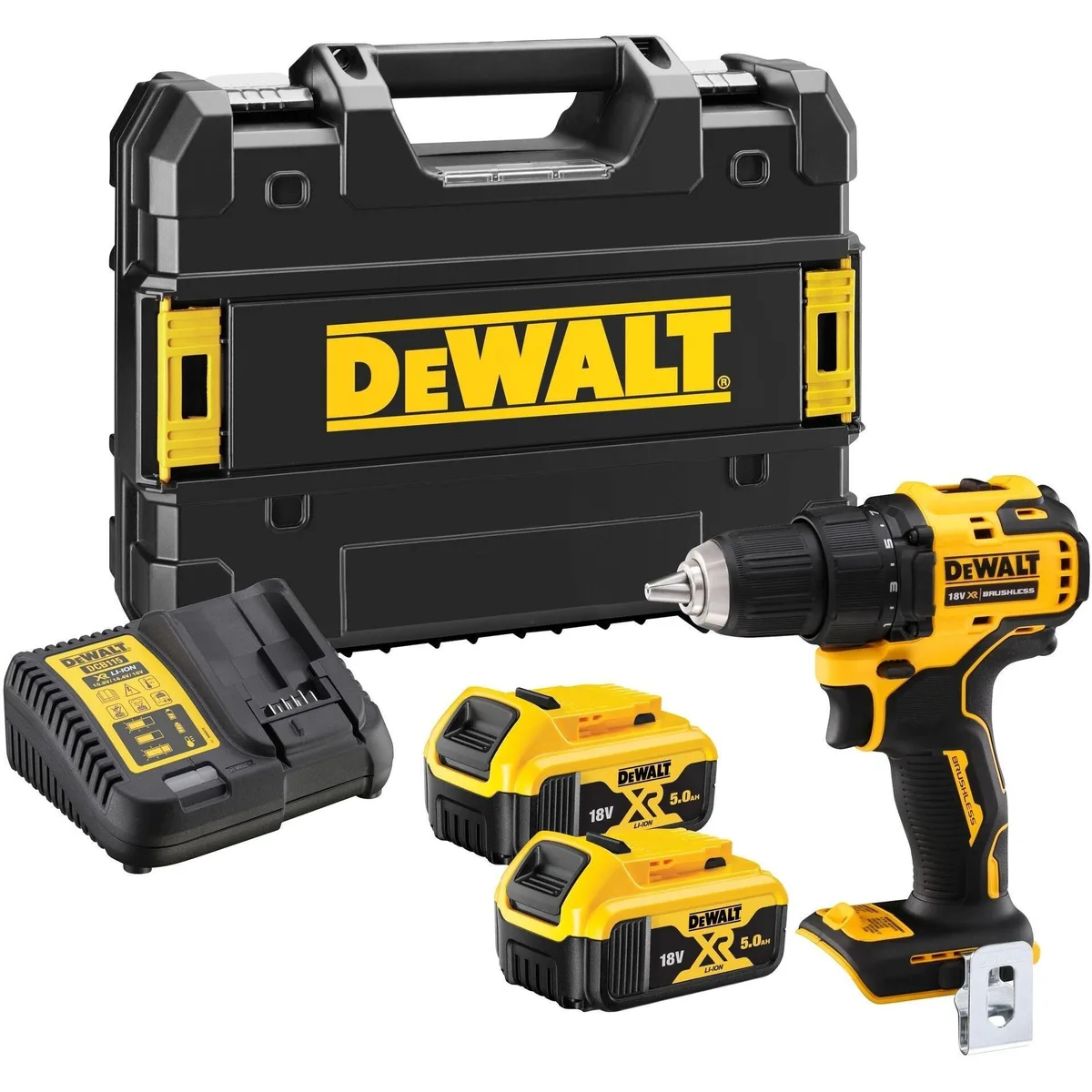 Акумуляторний шуруповерт-дриль DeWALT XR Li-Ion 18В 2х5А·год 65Нм 0-450·0-1650об/хв в кейсі, вага 1.1 кг.