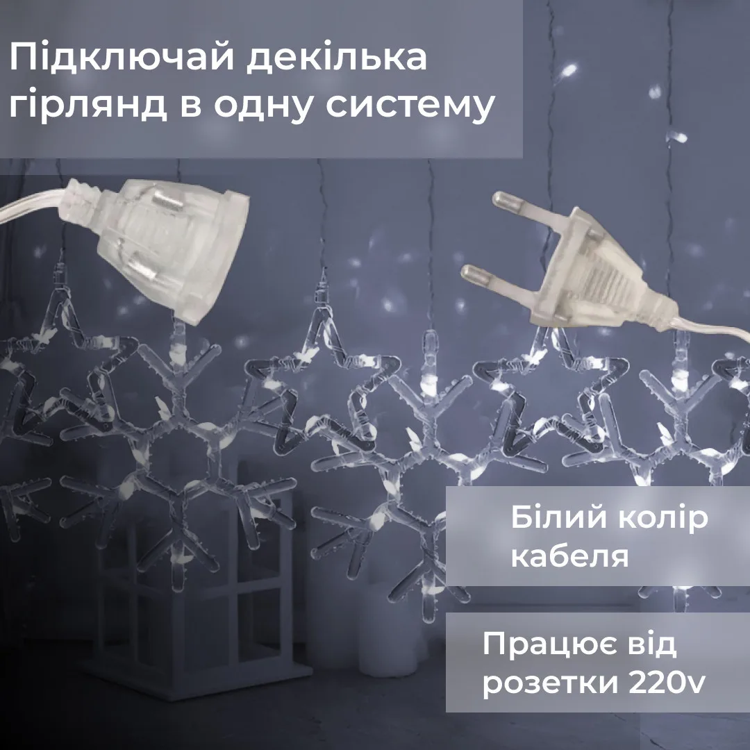 Гірлянда штора світлодіодна 3х0,9 м біла 145 LED сніжинка зірка 10 шт