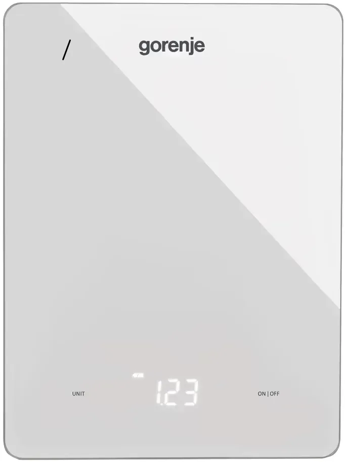 Кухонні ваги Gorenje, 10 кг, з трьома батарейками AAA в комплекті, скляний дисплей, білий колір.