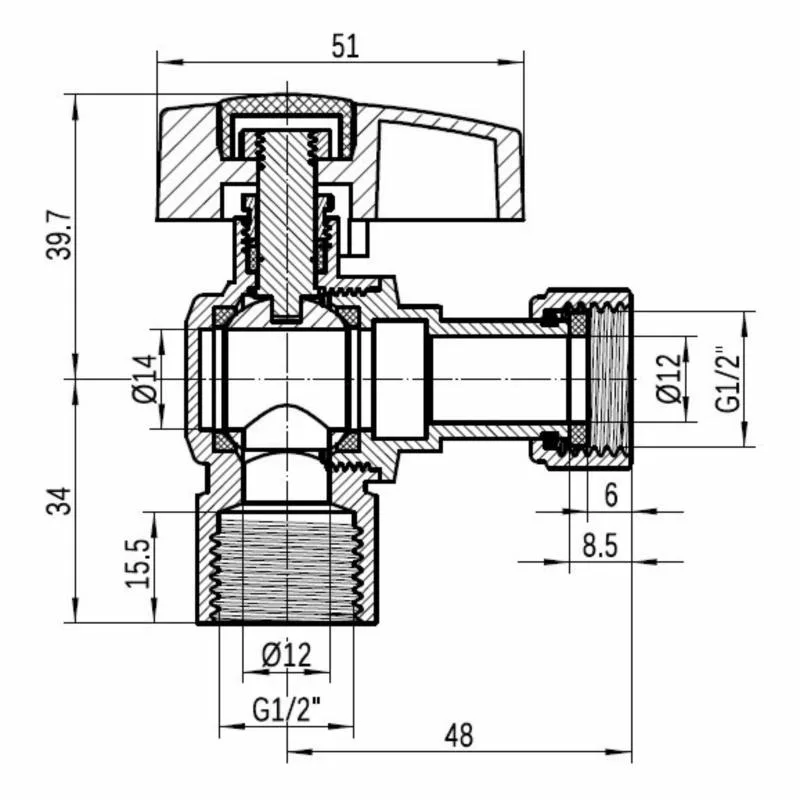 Кран кульовий 1/2"ВВ кутовий накидний латунний Thermo Alliance Standart 35х22х29 мм