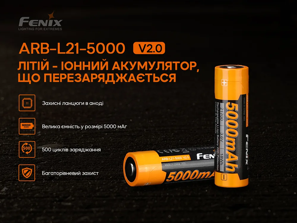 Аккумулятор Fenix 21700 сталь 21,5х76 мм 5000 мАч
