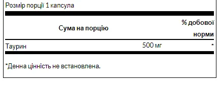 Тауирин 500 мг 100 капсул Swanson для сердечно-сосудистого здоровья