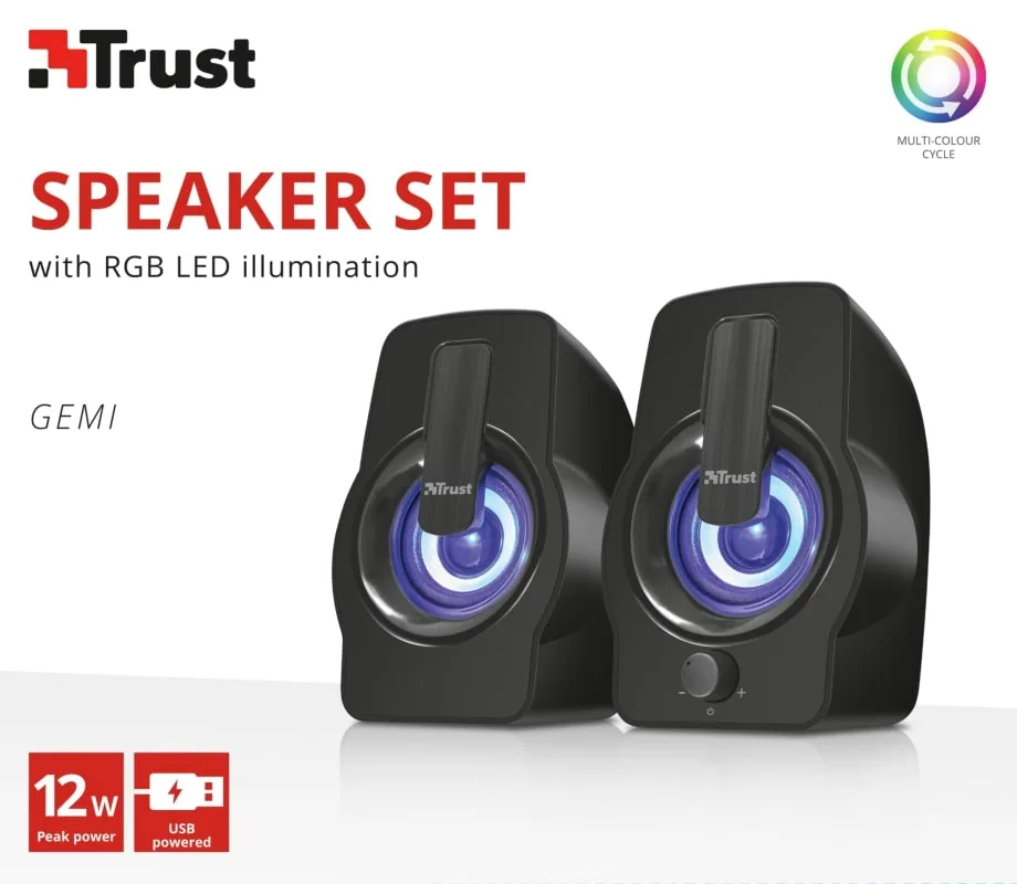 Акустическая система Trust Gemi 2.0, USB/AUX, RGB, черный