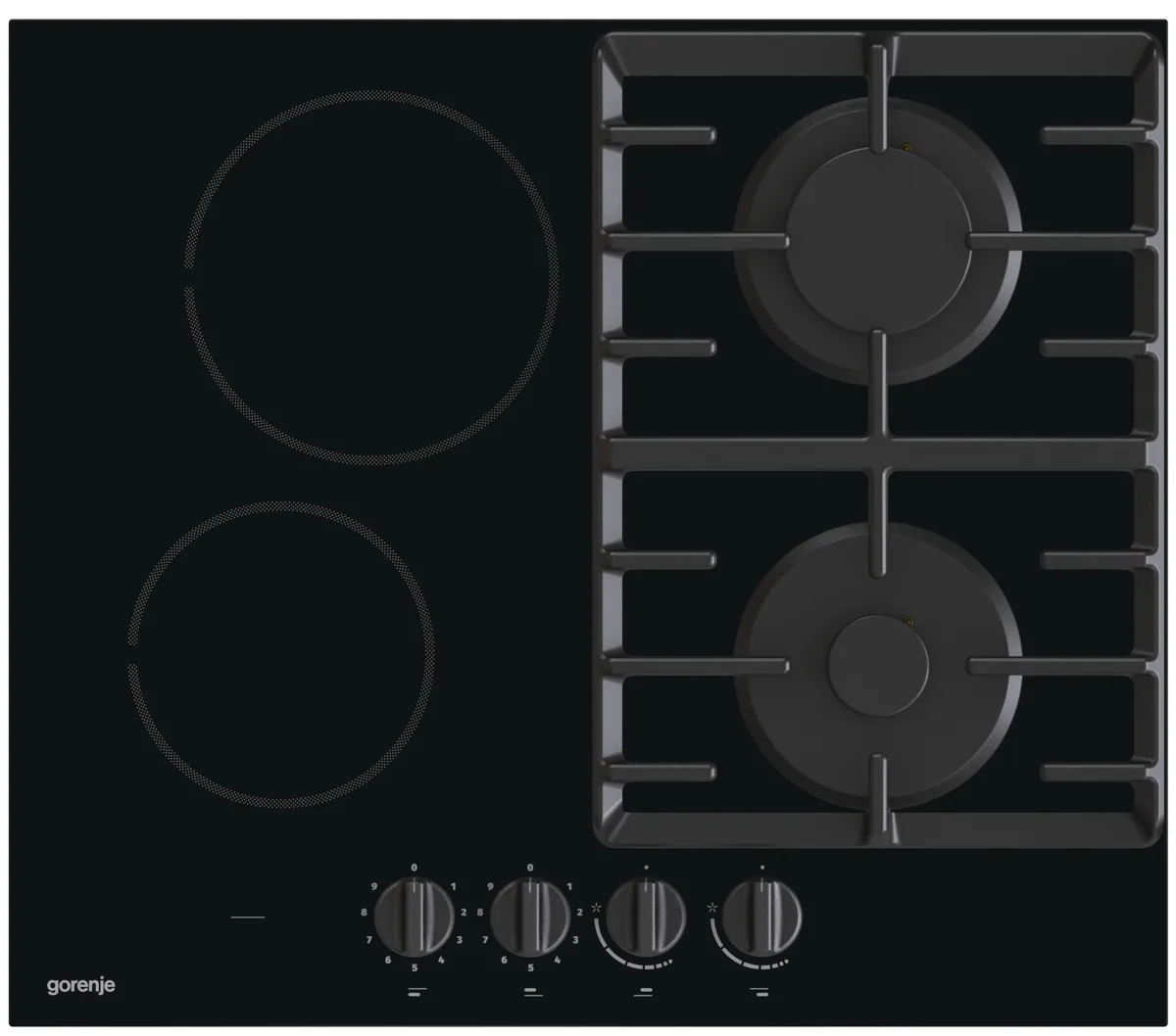 Комбінована варильна панель Gorenje (2 газові + 2 склокерамічні), 60 см, чорного кольору.