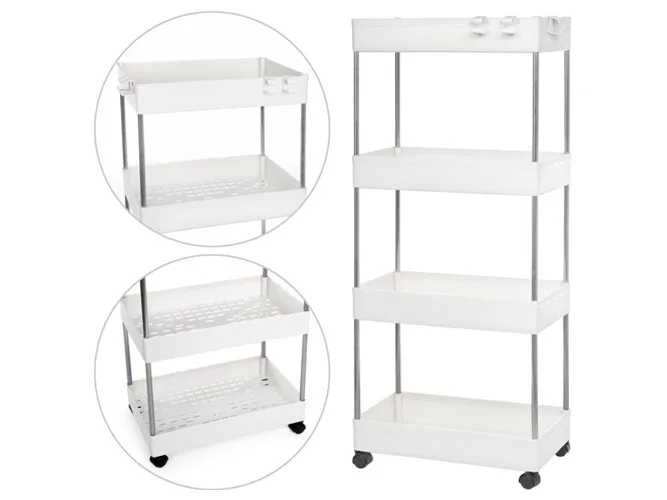 Узкая этажерка тележка на колесах пластиковая 40x22x80 см белая