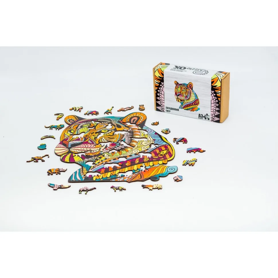 Фігурний дерев'яний пазл PuzzleOK 129 елементів A3 Загадковий тигр