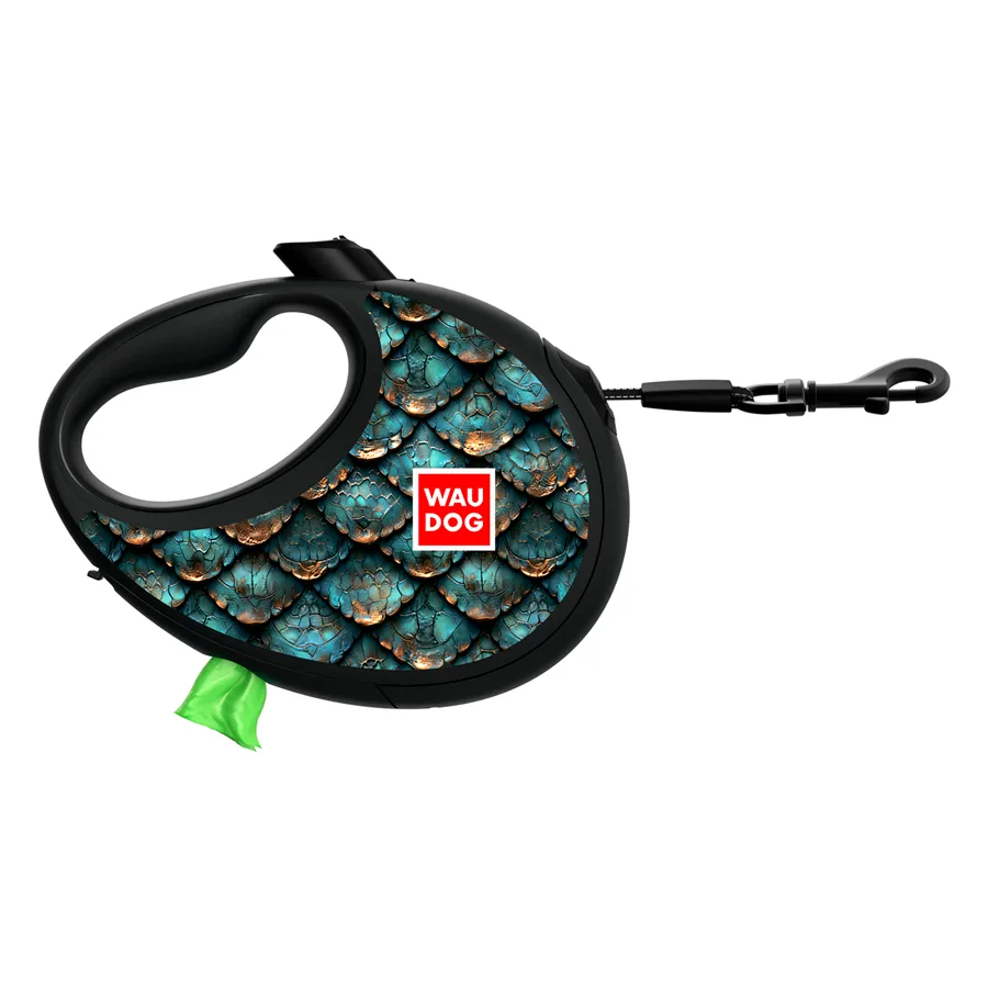 Поводок-рулетка WAUDOG R-leash S 3 м с контейнером для пакетов пластиковый светоотражающий Чешуя