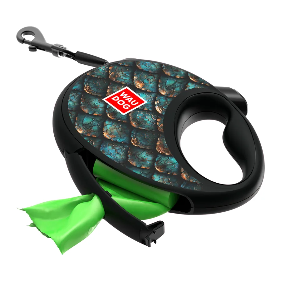 Повідець-рулетка WAUDOG R-leash S 3 м з контейнером для пакетів пластикова світловідбивна Луска