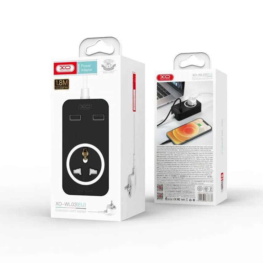 Сетевой удлинитель XO пластик 1,8м черный 2USB 10A