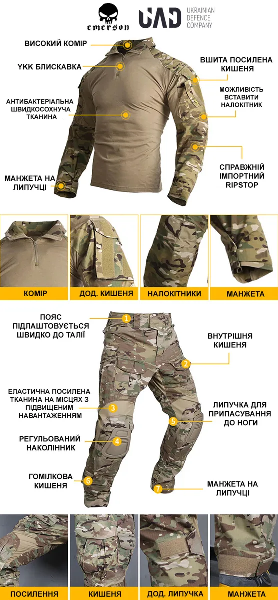 Тактичні штани Emerson 50% бавовна 30 Мультикам з наколінниками