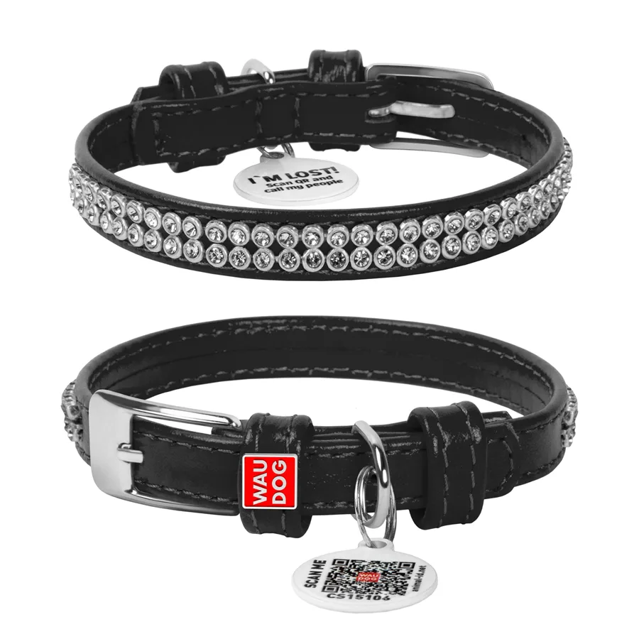 Нашийник WAUDOG Glamour шкіряний XXS 9 мм 19-25 см чорний з QR паспортом