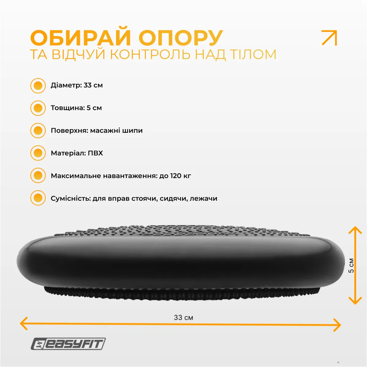 Балансировочная подушка массажная EasyFit резина 33 см черная