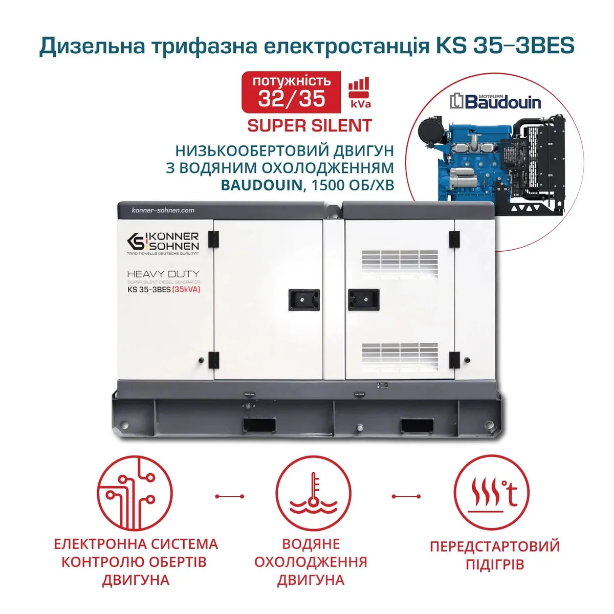 Дизельний генератор KonnerSohnen KS 35-3BES, 230/400В, 35/32кВА, 3 фази, система підігріву перед запуском, автоматичний перемикач