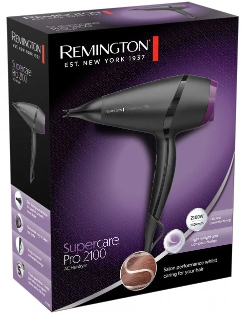 Фен Remington Supercare PRO 2100 с AC мотором, мощностью 2100 Вт, 3 режимами работы, ионизацией и холодным обдувом, черного цвета