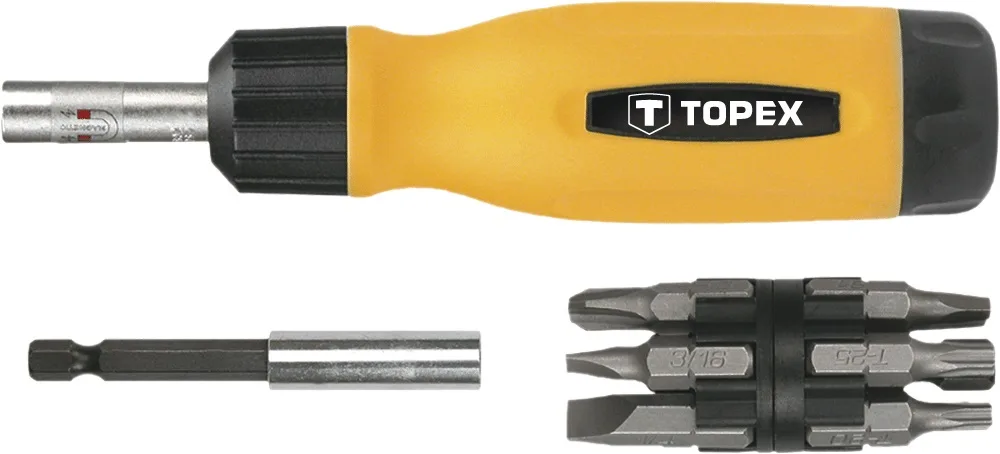 Набір викруток TOPEX 1/4", тримач для біт 12 шт, SL, PH, PZ, Torx, сталь CrV, 14 елементів.