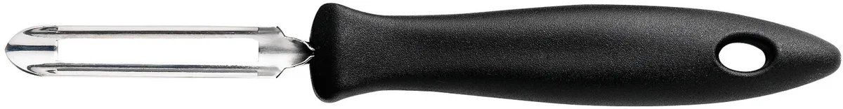 Вертикальна овочечистка Fiskars Essential з рухомим лезом, 18.4 см, з нержавіючої сталі та пластику, чорного кольору.