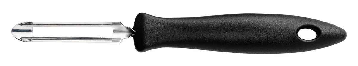 Вертикальна овочечистка Fiskars Essential з рухомим лезом, 18.4 см, з нержавіючої сталі та пластику, чорного кольору.