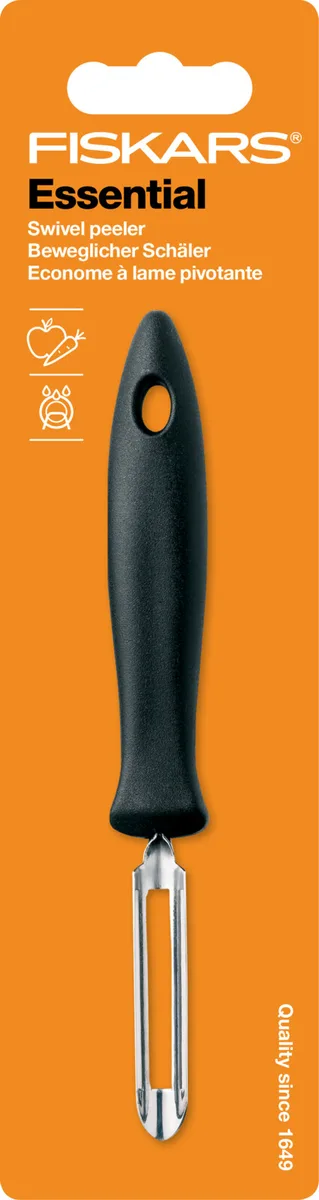Вертикальна овочечистка Fiskars Essential з рухомим лезом, 18.4 см, з нержавіючої сталі та пластику, чорного кольору.