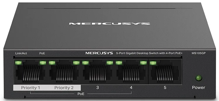 Комутатор MERCUSYS 5 портів 10/100/1000 Мбіт/с металевий некерований з підтримкою PoE 65 Вт
