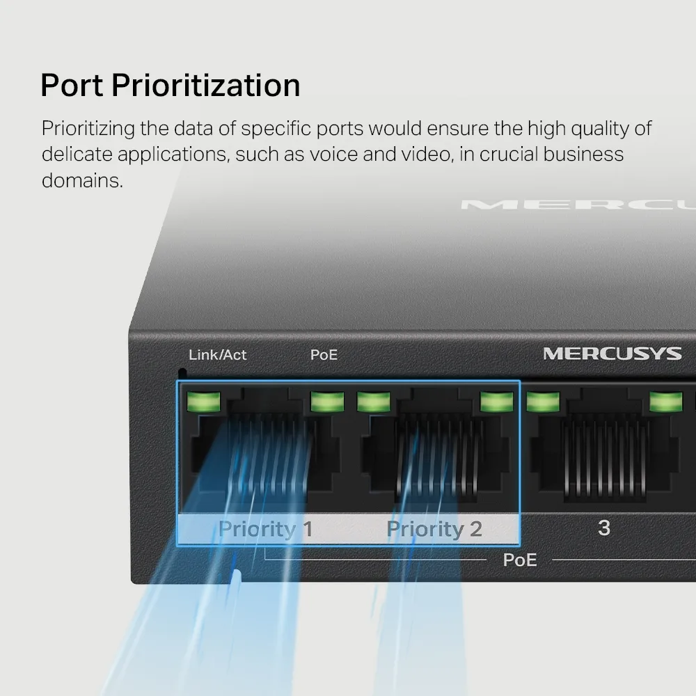 Коммутатор MERCUSYS 5 портов 10/100/1000 Мбит/с металлический некеруемый с поддержкой PoE 65 Вт