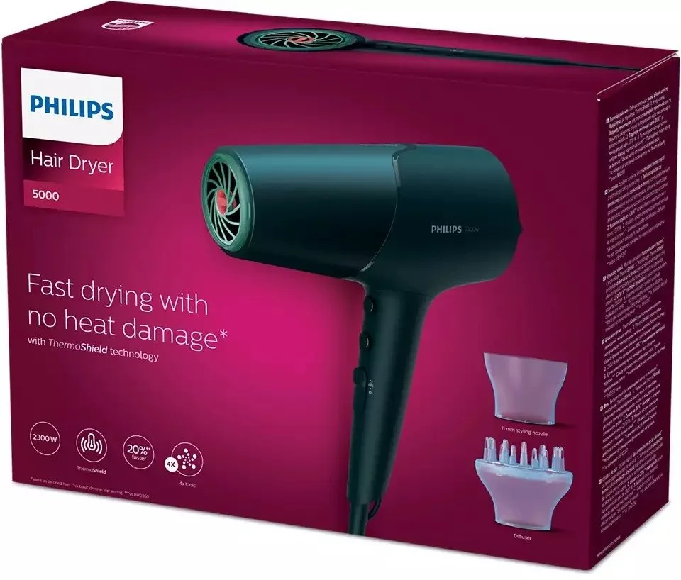 Фен Philips 5000 Series, 2300Вт, 3 скорости, диффузор, ионизация, холодный обдув, темно-синий