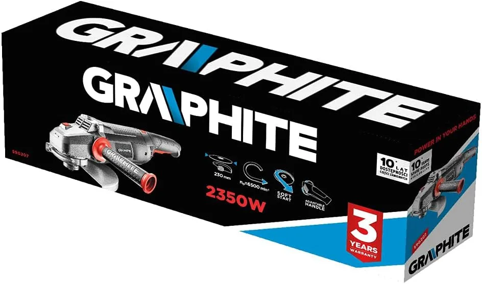 Кутова шліфувальна машина GRAPHITE 230 мм, 2350 Вт, 6500 об/хв, вага 4.85 кг.