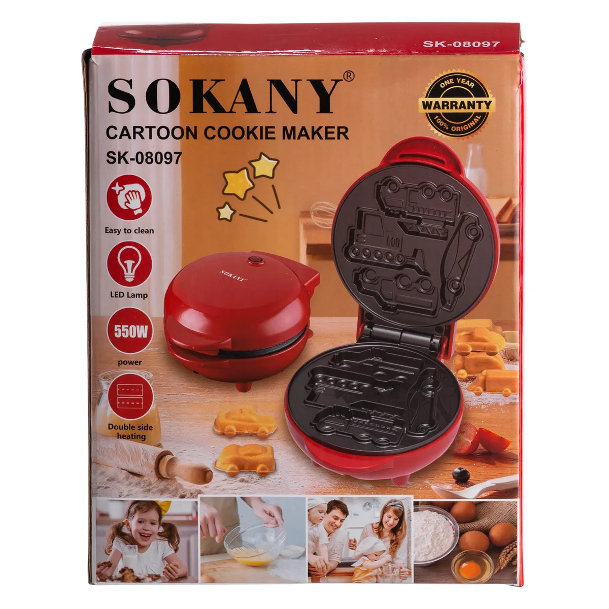 Вафельниця Sokany пластикова 17х13 см червона для вафель у вигляді машинок 550 Вт антипригарне покриття