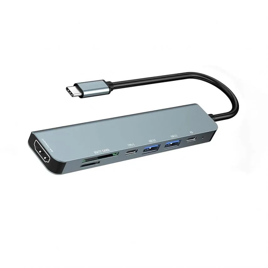 Перехідник USB-хаб 7в1 Type-C метал сірий