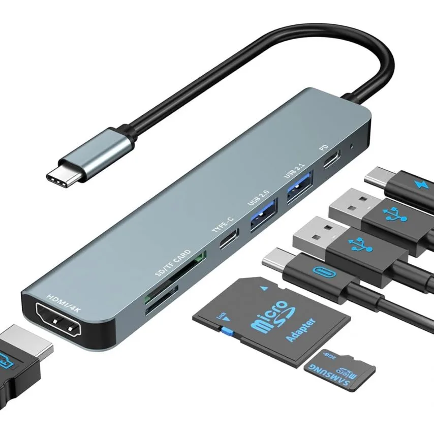 Перехідник USB-хаб 7в1 Type-C метал сірий