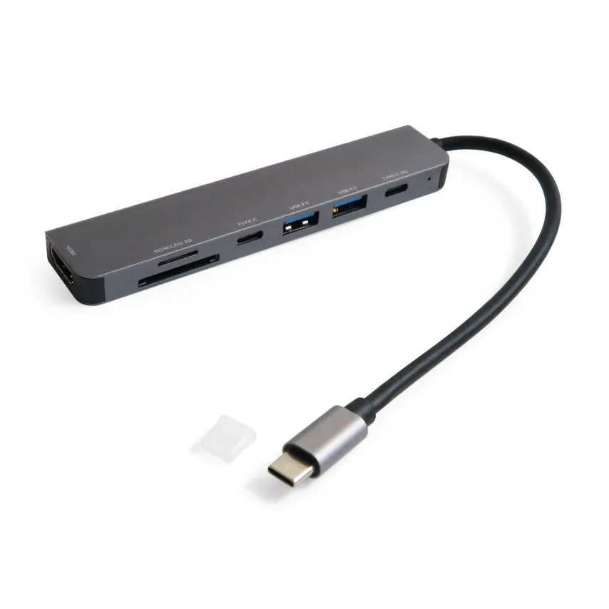Перехідник USB-хаб 7в1 Type-C метал сірий
