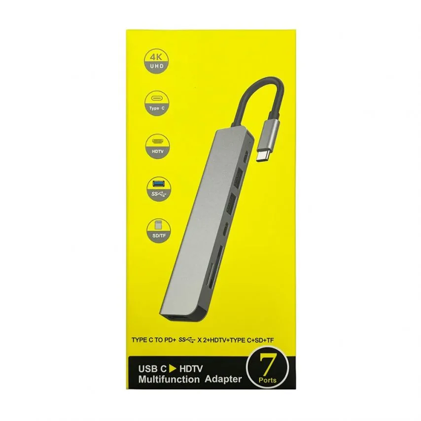Перехідник USB-хаб 7в1 Type-C метал сірий