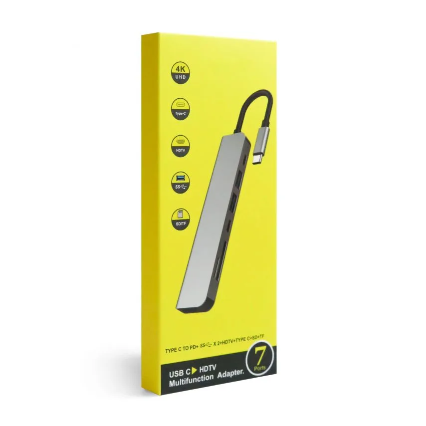 Перехідник USB-хаб 7в1 Type-C метал сірий